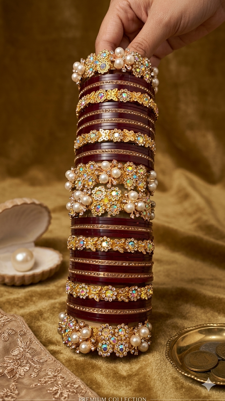 Royal Maroon Bridal Chooda Set with Floral Embellishments and Pearls – Premium Collection