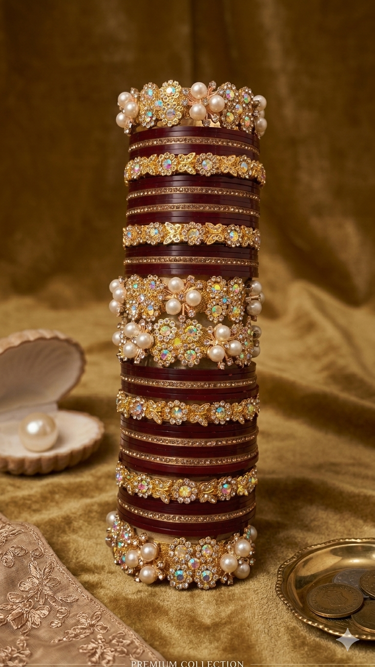 Royal Maroon Bridal Chooda Set with Floral Embellishments and Pearls – Premium Collection