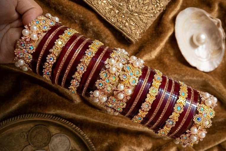 Royal Maroon Bridal Chooda Set with Floral Embellishments and Pearls – Premium Collection