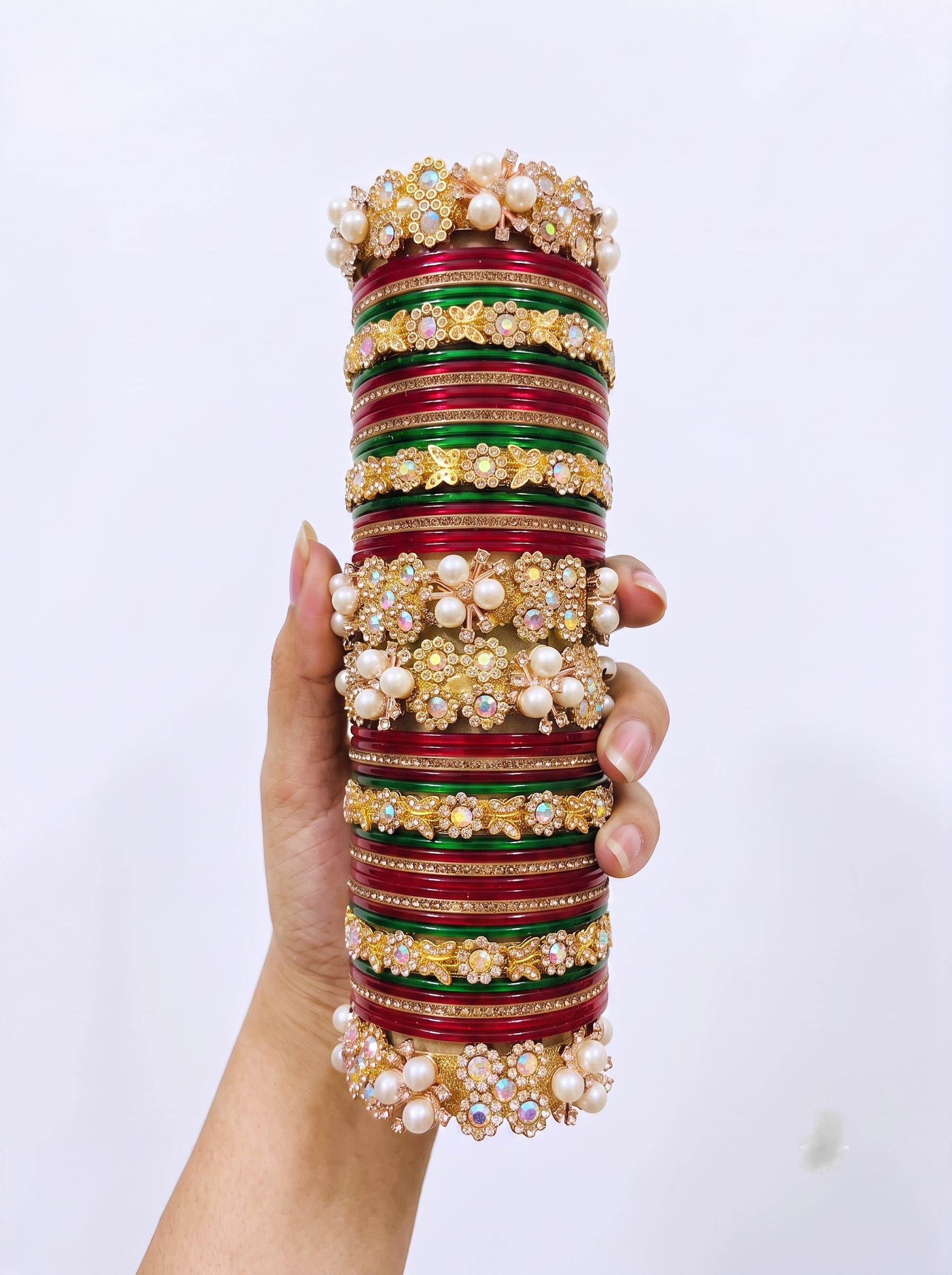 Indian Wedding Bangle Set - Maroon & Emerald Green Choura with Gold Kundan Work