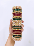 Indian Wedding Bangle Set - Maroon & Emerald Green Choura with Gold Kundan Work