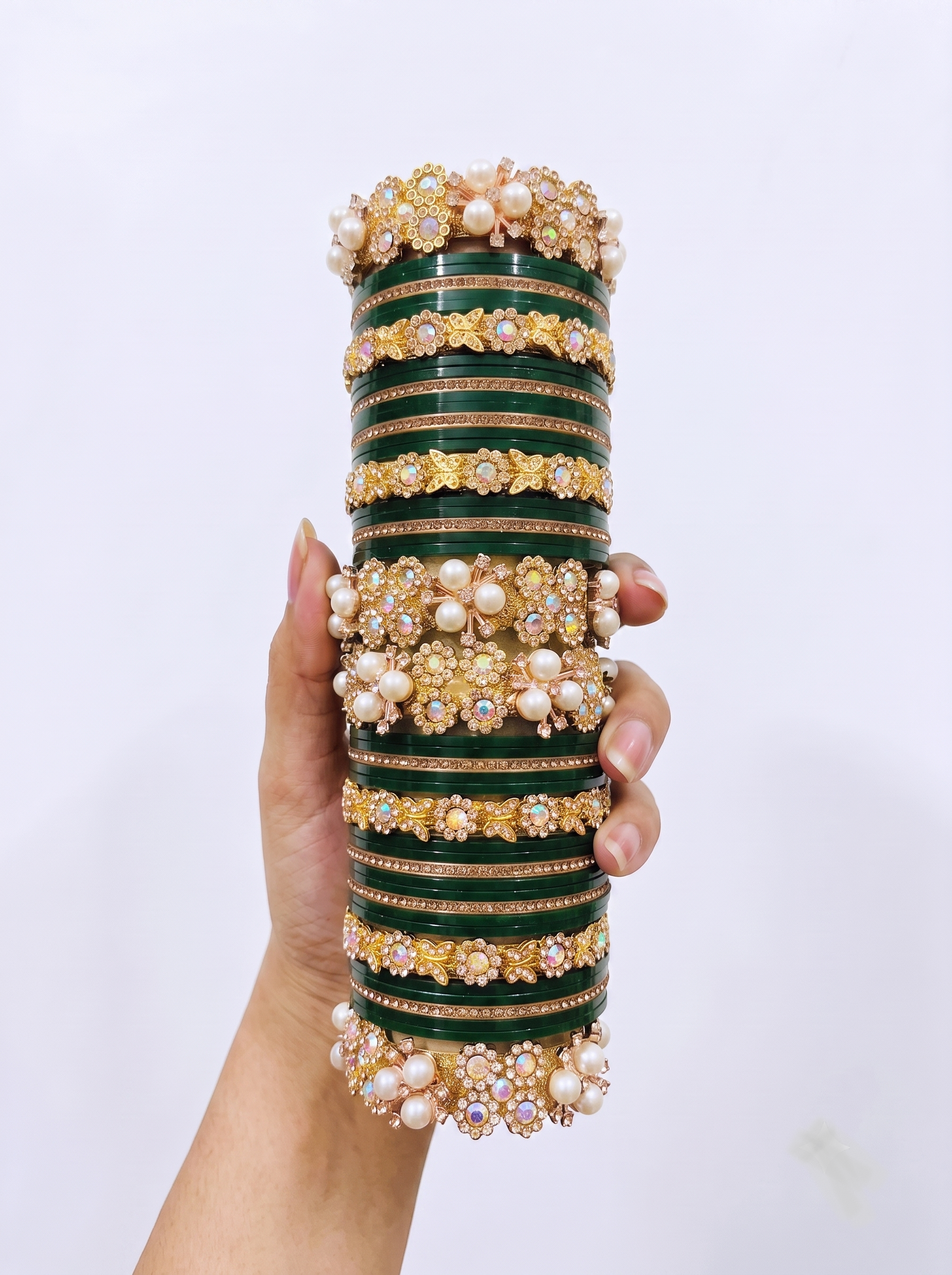 Indian Wedding Bangle Set - Maroon & Emerald Green Choura with Gold Kundan Work