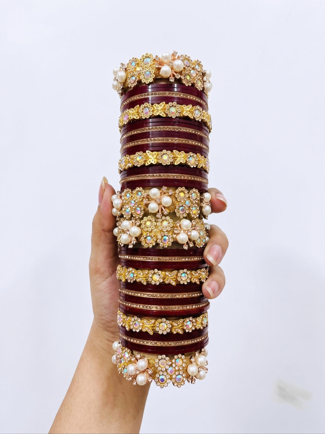 Indian Wedding Bangle Set - Maroon & Emerald Green Choura with Gold Kundan Work